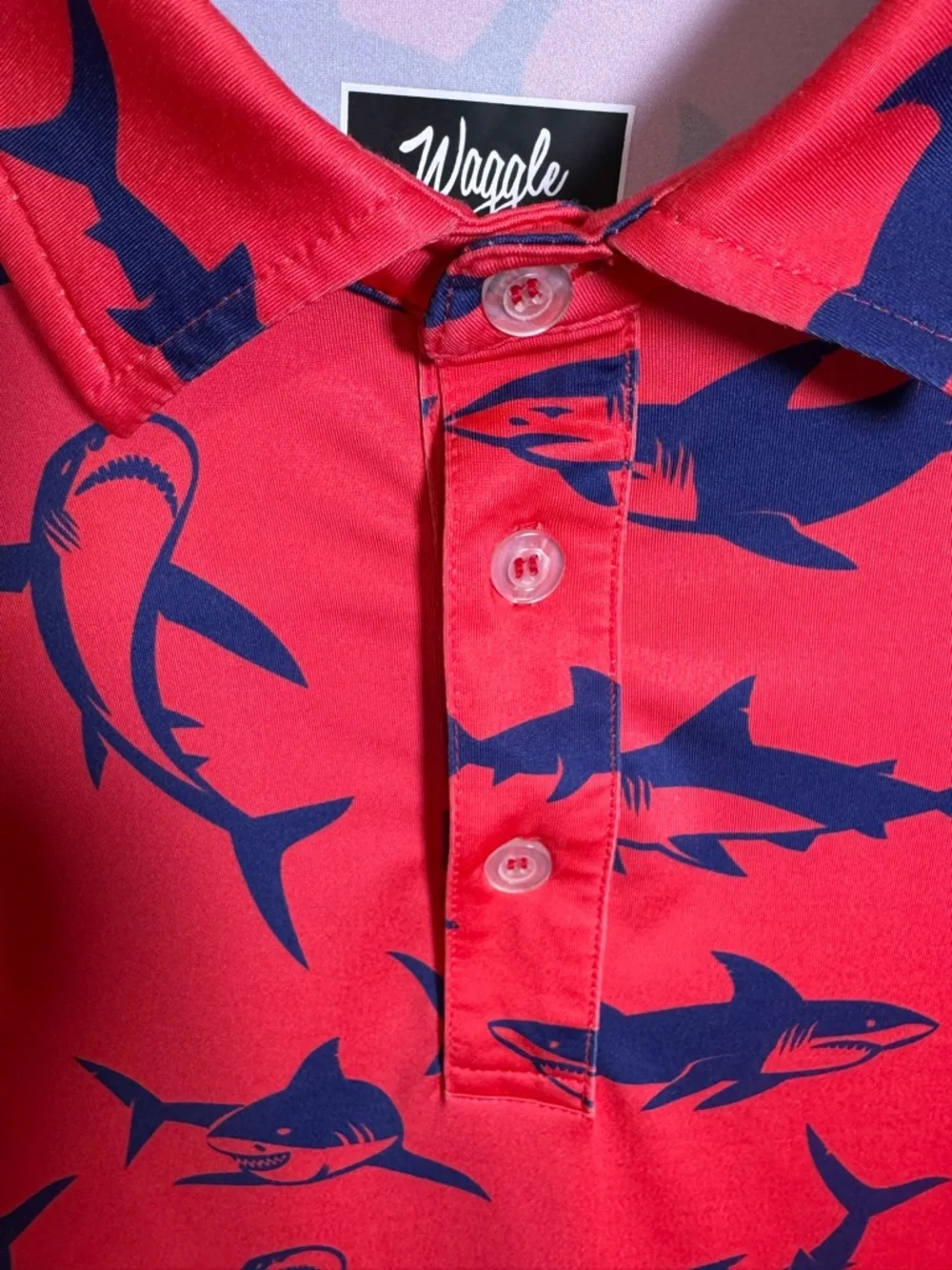 Waggle Men’s Pink with Bold Blue Shark Sz L Short Sleeve Sea Fishing Polo Shirt - Picture 4 of 9